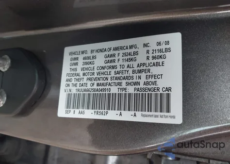 2008 Acura Tl 3.2 z USA, uszkodzony, nr VIN 19UUA66258A049910